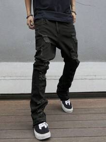 Manfinity Homme Plus Size Men's Denim Pockets Distressed Skinny Casual Pants - Black - View 3