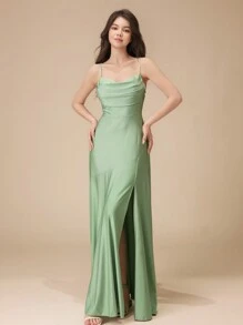 Fashions Teen Girl Green Simple And Generous Off The Shoulder Backless Shrinkage High-Split To The Leg Crossover Asymmetrical Fashionable Personalized Ruffles Halter Homecoming Dresses - Green - View 4