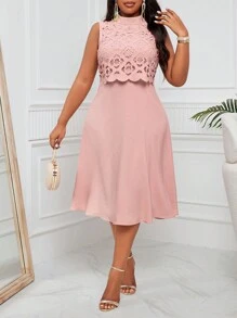 Fleurora Plus Size Laser Cut Ombre Pink Elegant A-Line Mid-Length Dress With Illusion Design - Pink - View 3