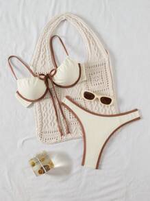 SHEIN Conjunto de bikini con parte superior e inferior con ribete contrastante, para uso en verano y vacaciones en la playa - Multicolor - Ver 1