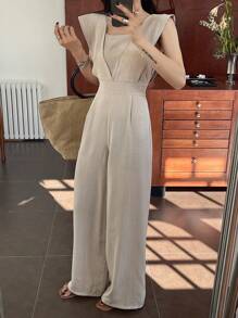 DAZY 女士优雅方领系腰阔腿连体裤