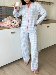 Sweet Bowknot & Plaid Pattern Women Pajama Set - Multicolor - View 4