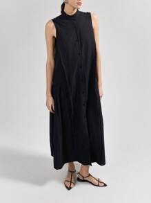 Ontre Robe décontracté ample et confortable à boutons devant sans manches, couleur unie, style urbain chic, convient pour le trajet domicile-travail - Noir - Voir 2