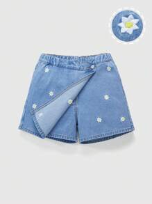 Short vaquero de moda para adolescentes, lavado claro azul con diseño floral bordado, cintura elástica, corte evasé, suelto, para verano