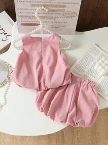 2pcs/Set Korean Style Cute Baby Girls Summer Shirt With 3D Car & Butterfly Design And Pink Fleeced Shorts - Pink - View 2