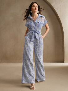 Anewsta 女士优雅度假蓝色蕾丝镂空腰带口袋直筒连体裤适合节日、外出、度假 - 藍色 - 查看 1