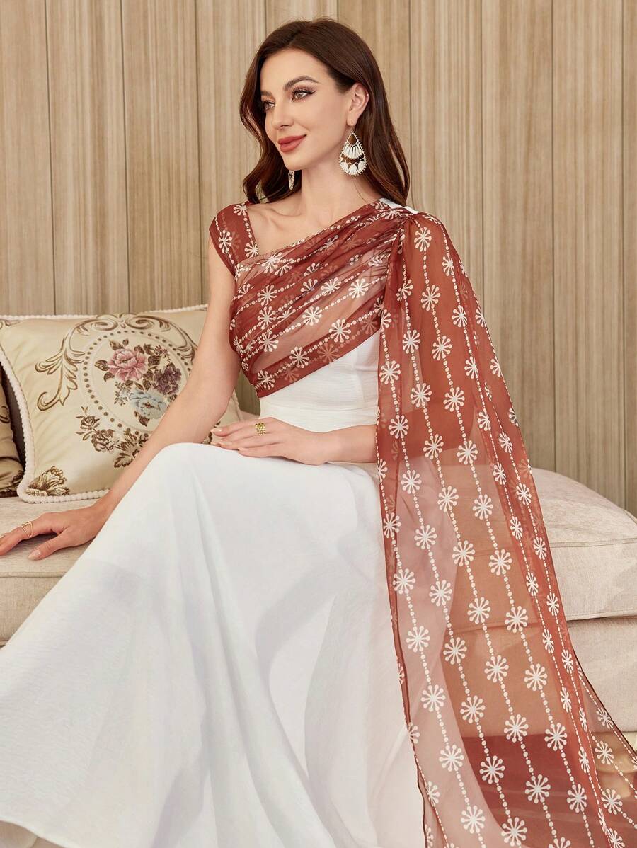 Modelyn Women Asymmetrical Collar Retro Print High-Low Hem Elegant A-Line Dress - White - View 1