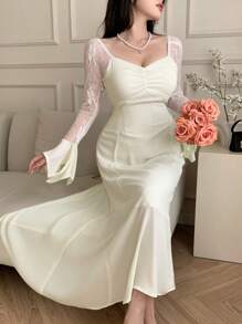 DAZY Spring Elegant Lace Patchwork Pleated Ruffle Sleeve Mid-Length Dress For Women Prom Dress,Fall Dress Long Sleeve Dress - Beige - View 3