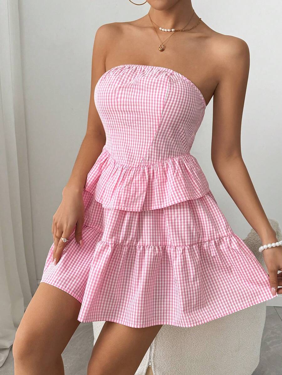 SHEIN EZwear 格纹抹胸短款上衣搭配荷叶边下摆优雅迷你连衣裙