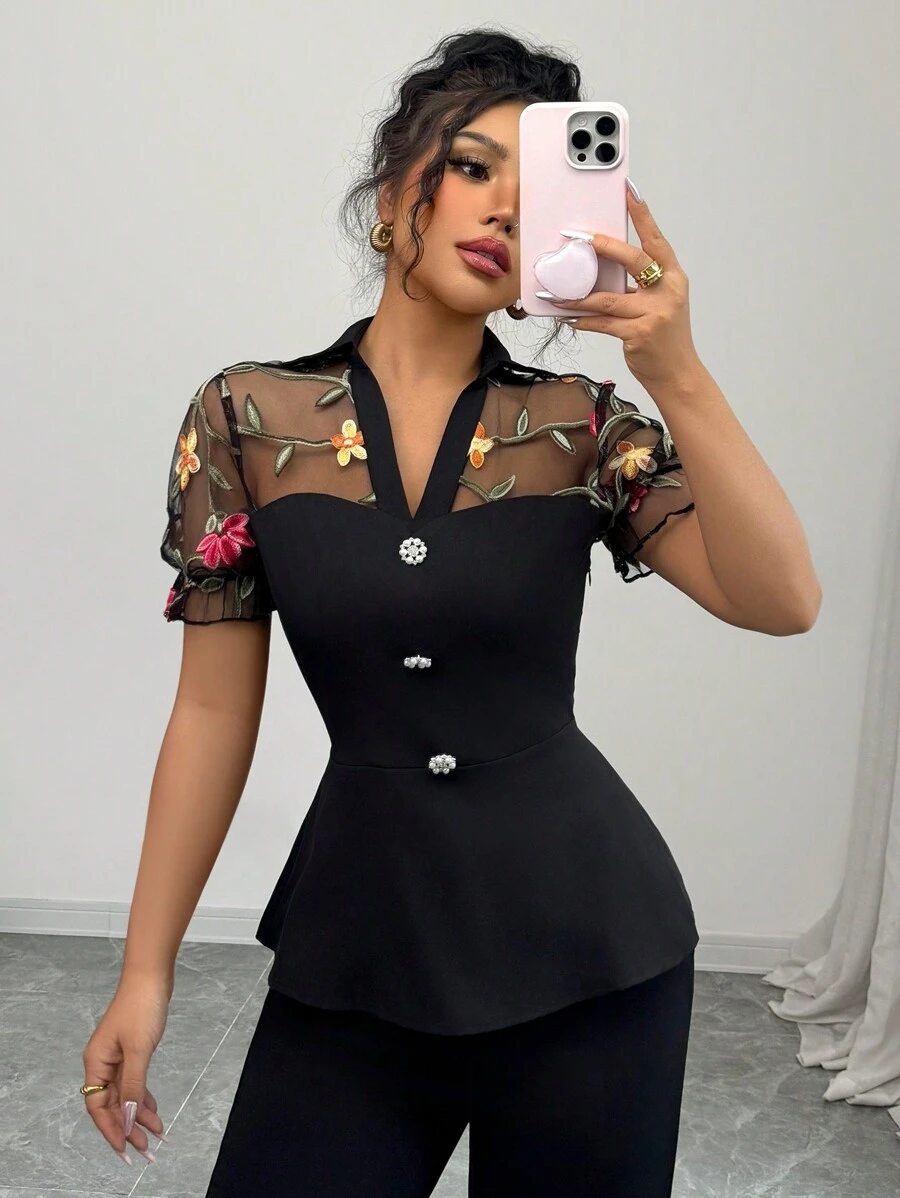 Elenzga Floral Embroidered Mesh Panel Short Sleeve Shirt - Black - View 1