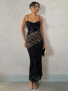 SHEIN BAE Vestido largo de mujer con ajuste delgado, con tirantes de espagueti, color liso con parches, minimalista