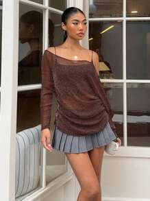 SHEIN EZwear 女士纯色斜肩长袖休闲上衣，适合度假穿着 - 棕色 - 查看 3