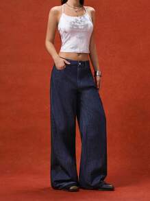 LYSMO Women's Simple Front Button Pocket Dark Blue Loose Wide Leg Jeans