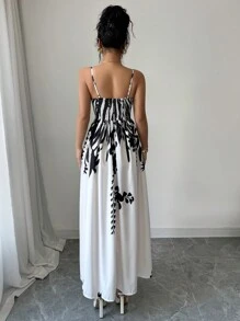 Chiquease Women's Asymmetrical Digital Print Spaghetti Strap Waisted Pleated Long Dress - Multicolor - View 2