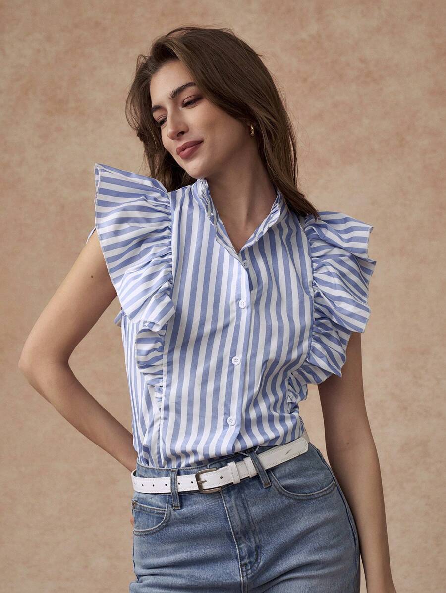 Écloséra 2024 New Summer European And American Style Women Short Sleeve Blouse, Striped Slim Fit Ruffle Trim 3/4 Sleeve Blouse