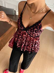 SHEIN Frenchy 女士时尚豹纹蕾丝边吊带背心