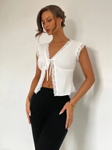 SHEIN Unity Women Front Button Drawstring Lace Shirt - White - View 4