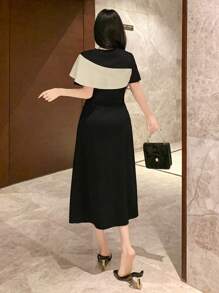 DAZY Women's Round Neck Contrast Color Short Sleeve Dress Prom Dress