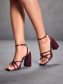 CUCCOO SZL Women's Fashion Burgundy Strappy Block High Heel Sandals, Suitable For Commuting, Dating, Party, Stylish Spring Shoes Spring Break Easter Prom Heels - Burgundy - View 2