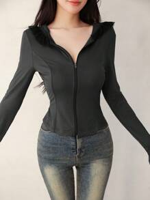 Mulvari 女士长袖拉链连帽拼接蕾丝修身上衣 - 灰色 - 查看 3