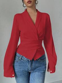 SHEIN PETITE 杏色 V 领系腰蝴蝶结优雅浪漫女士衬衫