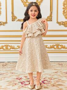 SHEIN Fitted Cute Asymmetric Neck Ruffle Trim Short Sleeve Skater Dress For Young Girl - Apricot - View 5