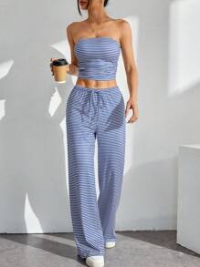 SHEIN PETITE Women Stripe Print Cropped Top And Pants 2 Pieces Set, Casual And Fitted - Blue and White - View 4