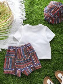 SHEIN Bộ 2 món áo thun cổ tròn màu tương phản thường ngày cho bé trai, quần short và mũ, trang phục 3 món, thích hợp cho mùa xuân hè, mặc ở nhà và ngoài trời, mặc khi đi du lịch và ngày lễ - Đỏ - Xem 2
