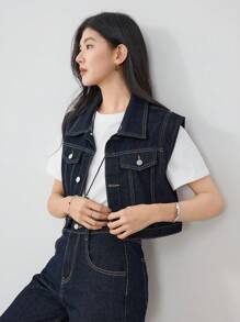 Dazy-Less Women Short Denim Vest Top - Dark Wash - View 3