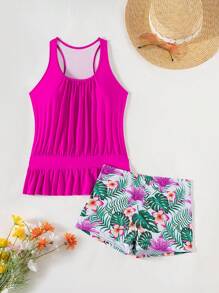 Swim Lushoire 2pcs Women Fuchsia Patchwork White Base Floral Print Crop Top With Cinched Waist Loose Beach Tankini Set - Hot Pink - View 6