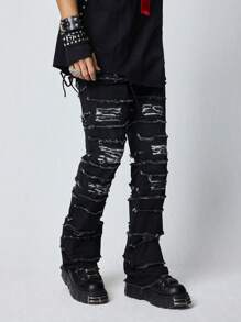 ROMWE MEN Grunge Punk 男士简约口袋毛边牛仔裤，休闲日常穿着 - 黑色 - 查看 7