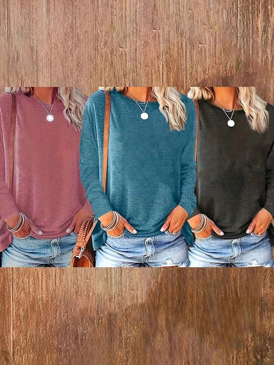 SHEIN LUNE Casual Solid Color Round Neck Long Sleeve T-Shirt, Autumn Fall Cloth For Women - Multicolor - View 1