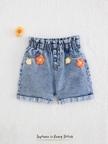 Cozy Pixies Young Girls' 3D Flower Decor Elastic Waist Casual Denim Shorts, Versatile & Comfortable