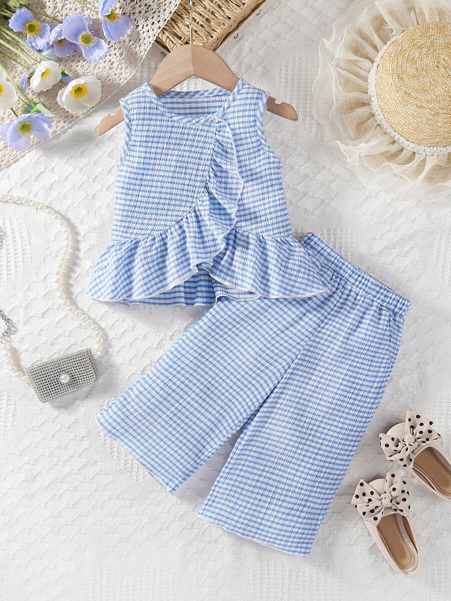 Conjunto de ropa de primavera y verano para niña bebé y niña pequeña con textura a rayas y cuadros azules, elegante y de moda - Azul y blanco - Ver 1