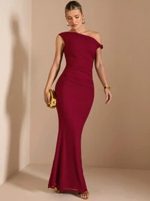 SHEIN BAE 优雅女士斜不对称下摆连衣裙，外出装，适合日常穿着，约会，旅行，派对和俱乐部，万圣节服装女士纯色性感无袖连衣裙，白色连衣裙，度假连衣裙，毕业和返校连衣裙，婚礼伴娘礼服，春夏无袖纯色简约性感颈部修身，黑色连衣裙，约会夜礼服，伴娘迷你连衣裙，优雅小黑裙，春夏女士纯色性感无袖连衣裙，白色连衣裙，度假连衣裙，毕业和返校连衣裙，婚礼伴娘礼服，春夏勃艮第酒红色紫色长裙，露背 - 紅色 - 查看 5