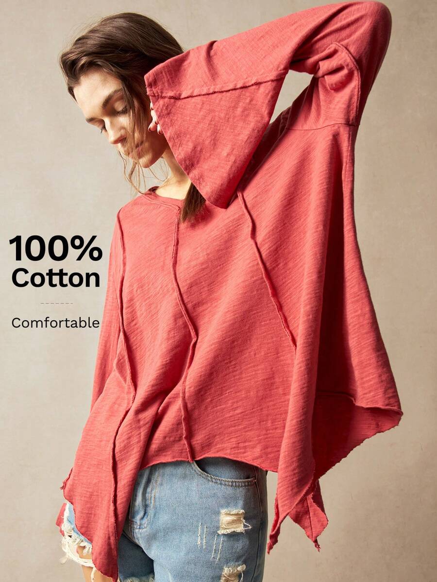 Bohemela Women's Casual Solid Color V-Neck Ruffle Trim 3/4 Sleeve Loose T-Shirt - Burnt Orange - View 1