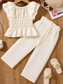 SHEIN 女孩仙女上衣独特辣妹仙女风格盖袖吊带背心高腰方领短款上衣套装，日式风格 - 杏色 - 查看 2