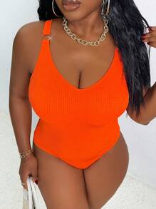 SHEIN Swim Curve Plus Size Women Summer Vacation Casual Solid Color One-Piece Swimsuit - Orange - View 4