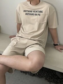 DAZY 休闲男士字母印花米色 T 恤套装，夏季 - 米色 - 查看 6