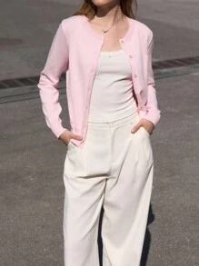 Jouncy Solid Color Single Breasted Long Sleeve Knitted Cardigan, Versatile Sweater For Women Fall Winter Cloth For Women - Pink - View 3