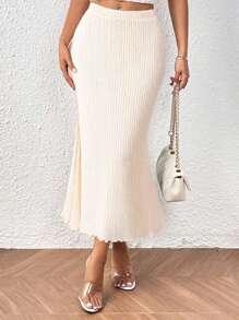 Women's Apricot Solid Color Fashionable Rib Knit Fish Tail Pencil Skirt - Apricot - View 1