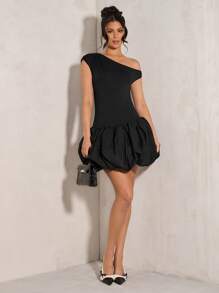 SHEIN BAE Elegante mini vestido negro con volante en el hombro y empalmado, adecuado para vacaciones, fiestas, citas románticas, salir con amigos, eventos festivos, fiestas de cóctel, vestimenta de mujer de principios de primavera