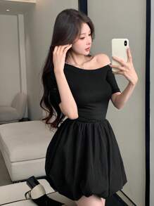 DAZY Asymmetrical Shoulder Solid Color Ruched A-Line Mini Dress For Women,Casual Women Dresses