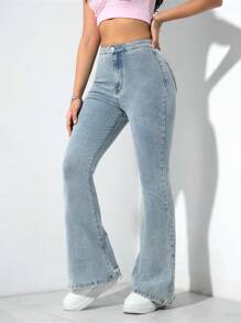 SHEIN Privé Casual Denim Long Pants, Flared Jeans, Simple & Fashionable For Daily Wear - Light Wash - View 4