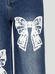 SHEIN Jeans anchos y sueltos lavados con estampado de lazo azul y blanco vintage desgastados para niñas preadolescentes - Azul lavado oscuro - Ver 3
