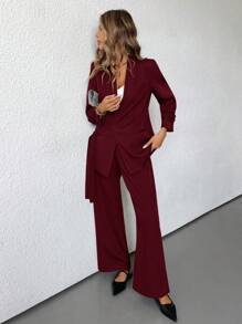 SHEIN BIZwear Solid Color Elegant OL Office Workwear Side Tie Design Flare Pants Suit  - Red - View 3