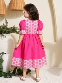 SHEIN Young Girl Print Patchwork Blouson Sleeve Round Neck Dress, Easter - Pink - View 7