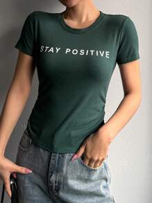 DAZY 女士休闲简约字母印花短袖 T 恤 - 綠色 - 查看 4