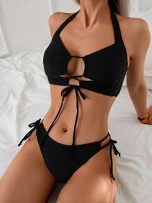 SHEIN Swim Springbreak Women Solid Color Elegant Cross Front Lace-Up Bikini Set Swimwear - Black - View 1