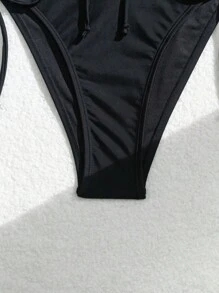 SHEIN Swim Springbreak Women Solid Color Elegant Cross Front Lace-Up Bikini Set Swimwear - Black - View 8